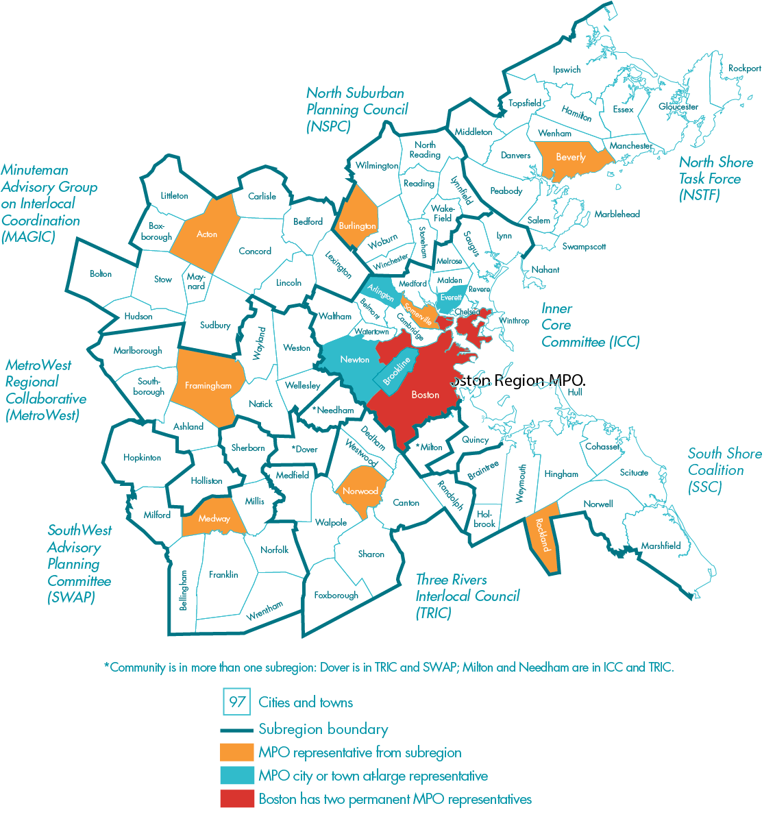 BOSTON REGION METROPOLITAN PLANNING ORGANIZATION MUNICIPALITIES
This image is a map of the 97 municipalities that comprise the Boston Region MPO area.